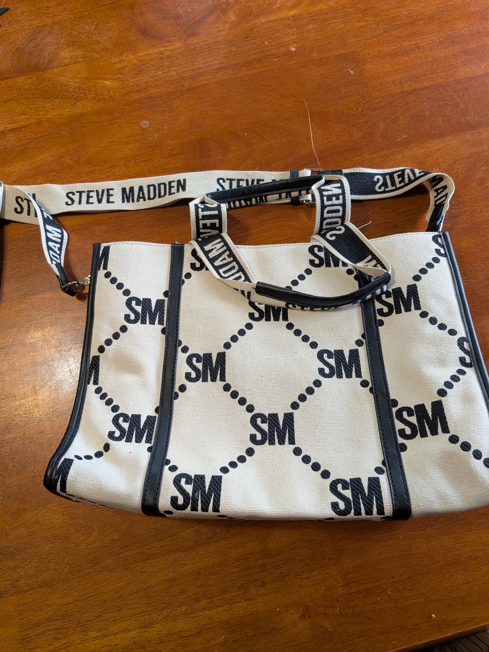 Steve Madden White & Black SM Logo Canvas Tote Bag